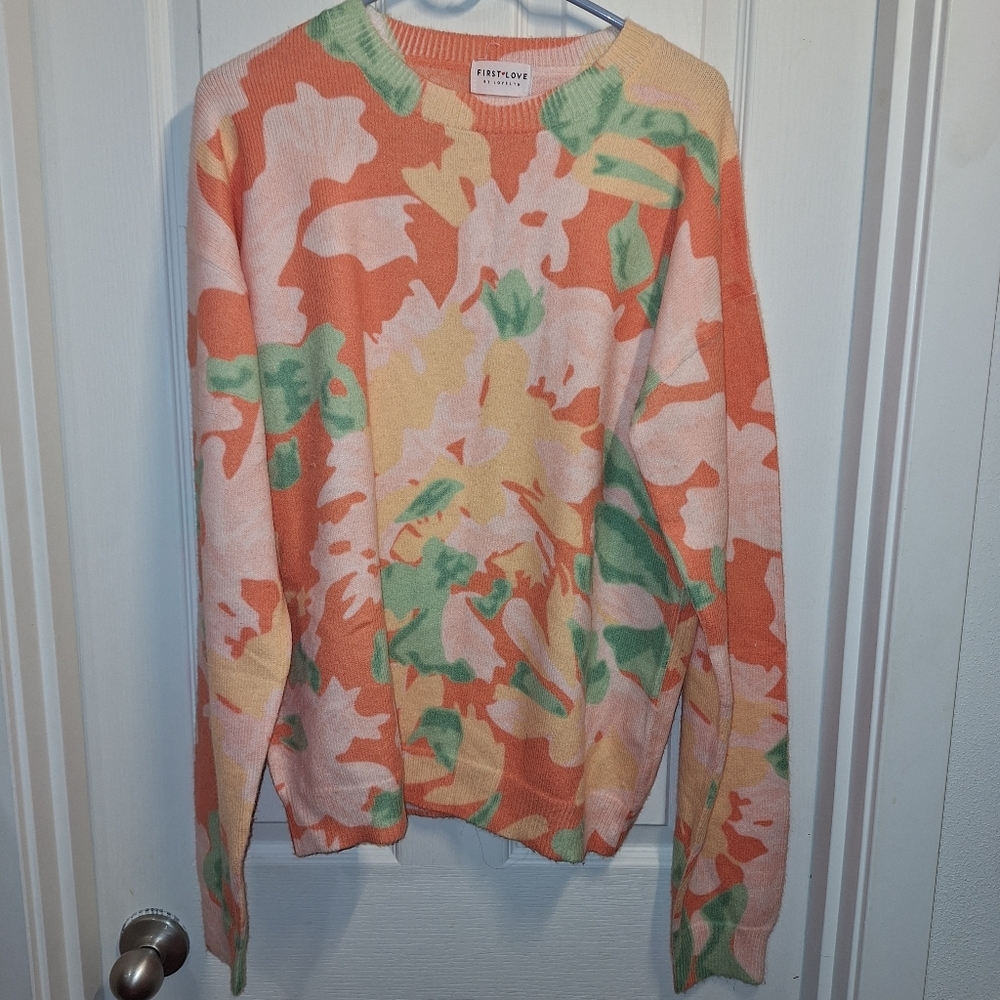First Love Floral Crewneck Sweater - Orange and Green